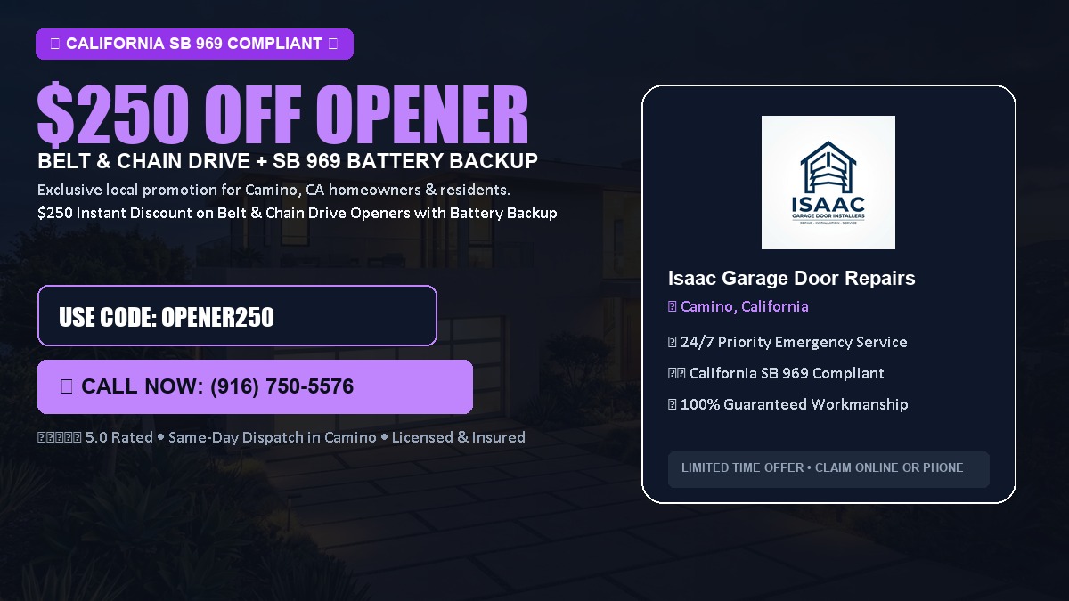 $250 OFF Smart Garage Door Opener Installation (Belt & Chain Drive with California SB 969 Battery Backup) in Camino, CA